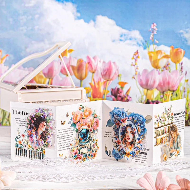6-roll set 6cm×200cm floral and character-themed PET tape set, Flower Sea Free-Flowing series - waterproof, PET die-cut waterproof character scenery self-adhesive stickers suitable for DIY scrapbooking, gift wrapping, planners, luggage, and irregular-shaped planners