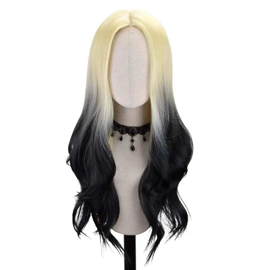 شعر مستعار طويل أشقر مختلط أسود مموج للنساء مع الجزء الأوسط شعر مستعار من الألياف الاصطناعية المموجة مع مظهر طبيعي مقاوم للحرارة لـ D #3