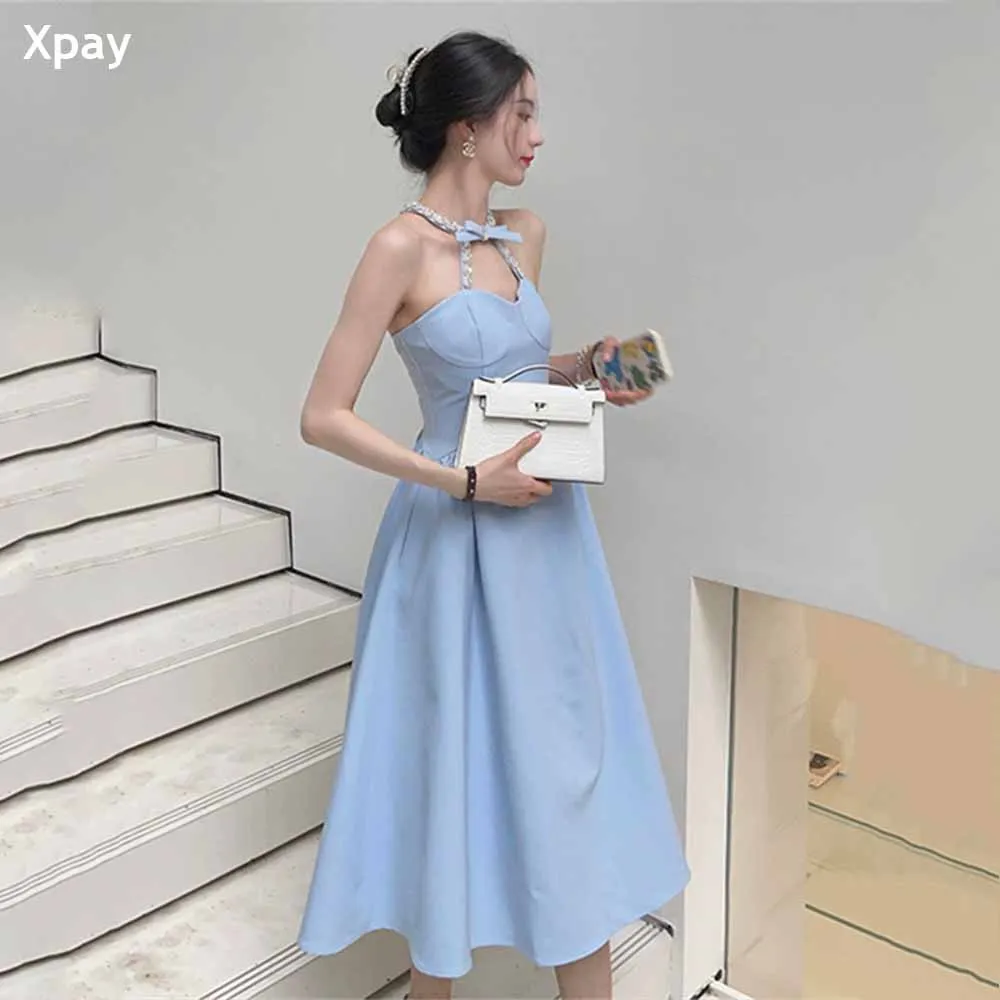 

XPAY Sweetheart Halter Korea Blue Evening Dresses Beading Sleeveless Wedding Photos Shoot Backless Tea Length Formal Party Gown