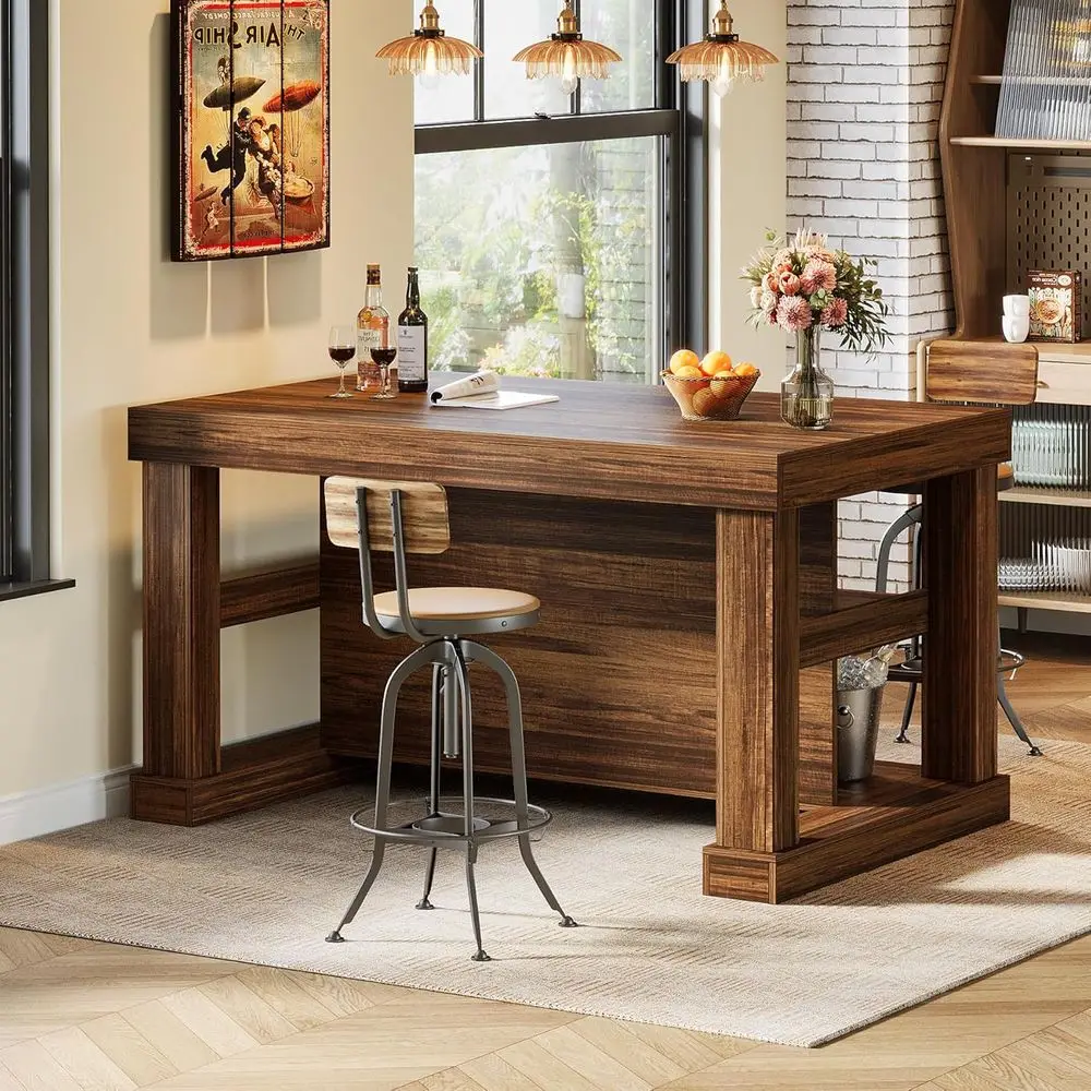 

55 Modern 3-Tier Home Bar with Storage, Dark Brown Pub Table for Kitchen, Bistro, Living Room