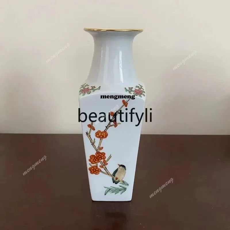 Vintage Hand-Painted Round Mouth Square Vase Ornament Flower and Bird Poetry Collection Porcelain VaseX