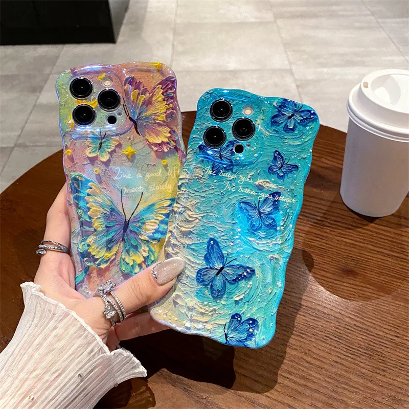 Luxuriöse Retro-Ölgemälde-Schmetterlings-Handyhülle mit gewelltem Rand für iPhone 17, Air 11, 12, 13, 14, 15, 16 Pro Max Plus, stoßfeste Abdeckung