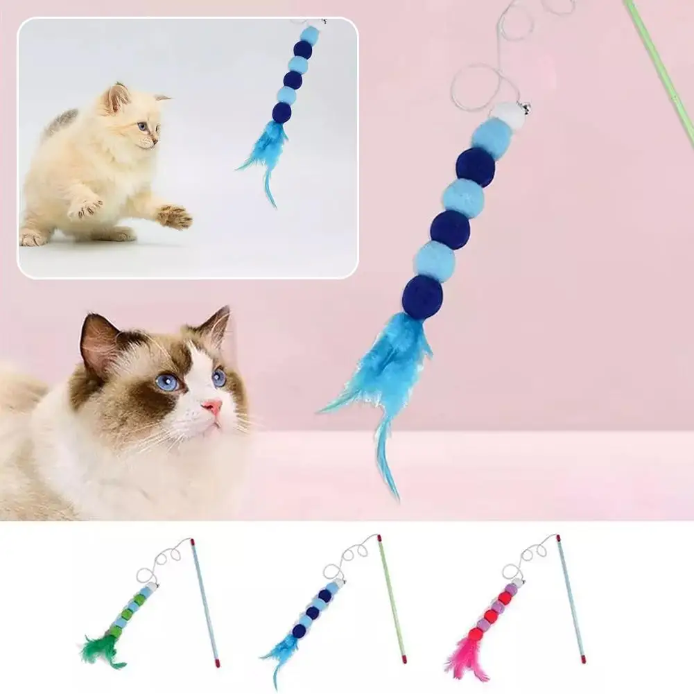 Single Cat Teasing Pole Cat Toy Interactive Toy Soft And Wool Ball Bell Beading Cat Feather Accessories R4S1