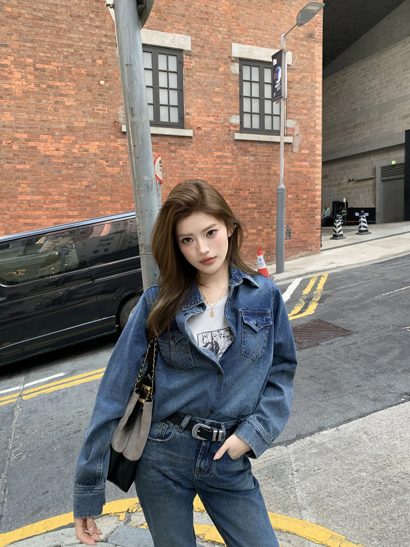 

Aviva on Earth Vintage Hong Kong Sle Loose Long Sve Denim irt Women's Spring Heavy Wa Blue Cotton Rayon Blend irt