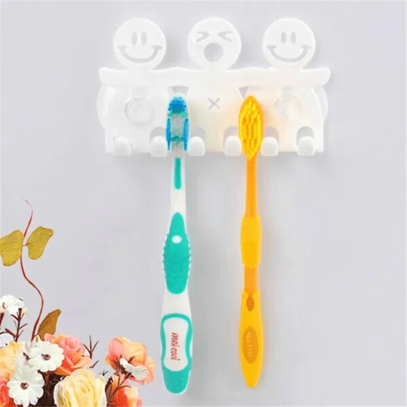 Wall-Mounted Suction Cup Toothbrush Holder, Cute Smile PVC Organizer for 5 Brushes, Colorful No-Drill Bathroom Accessory