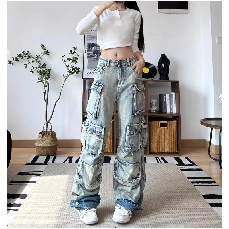 Women Y2k Jeans Fall Trendy Oversized Pocket Design Distressed Wash Vintage Cargo Jeans Loose Fit Denim Pants