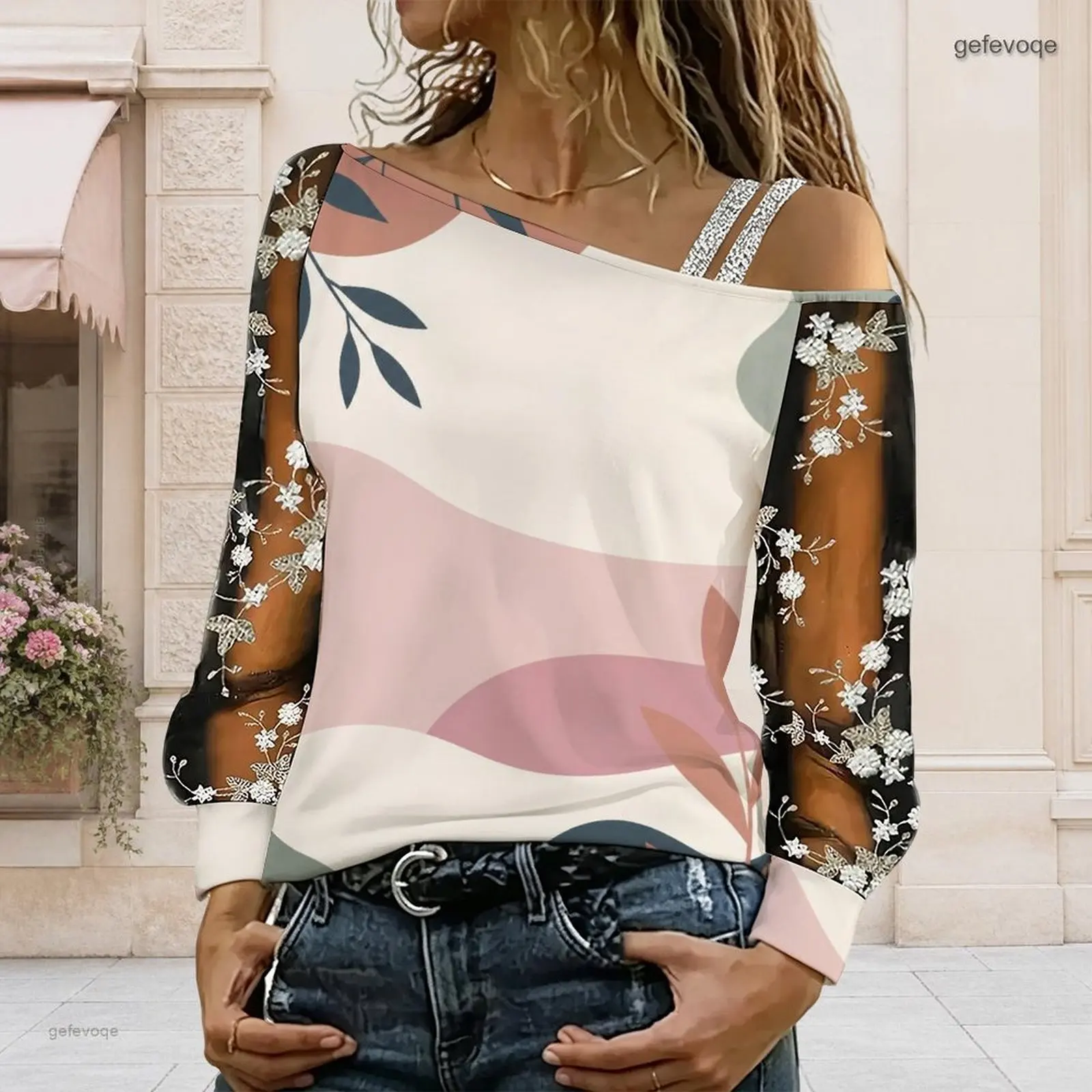 Women Abstract Face Printed Asymmetric Cold Shoulder Long Embroidered Sheer Sleeve Top