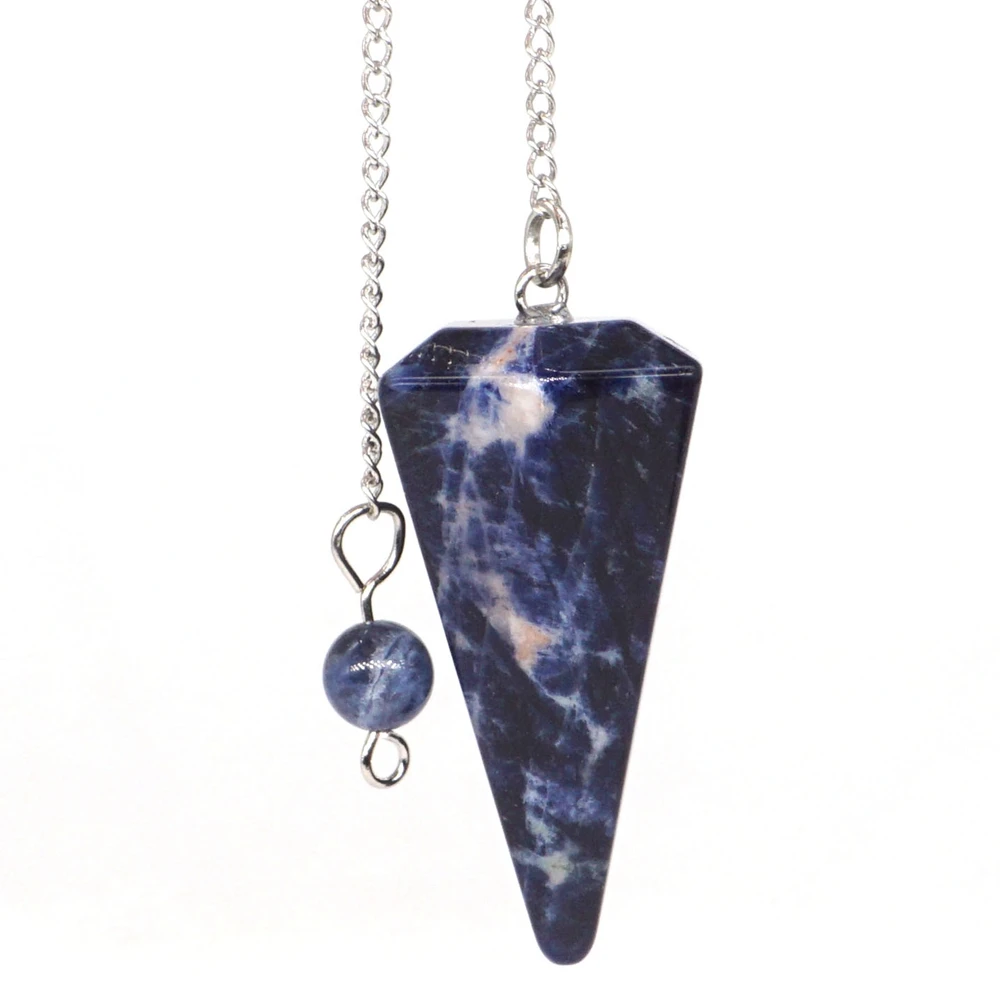 Natural Gemstone Blue Sodalite Reiki Healing Crystal Pyramid Hexagonal Pendulum Chain Chakra Amulet Pendant Witchcraft Decor