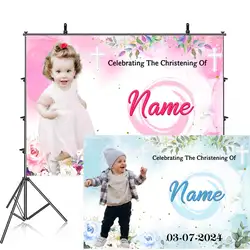 Happy Christening Baptism Birthday Party Backdrop Photography Baby Shower For Pink Blue Background Banner Custom Name Pic