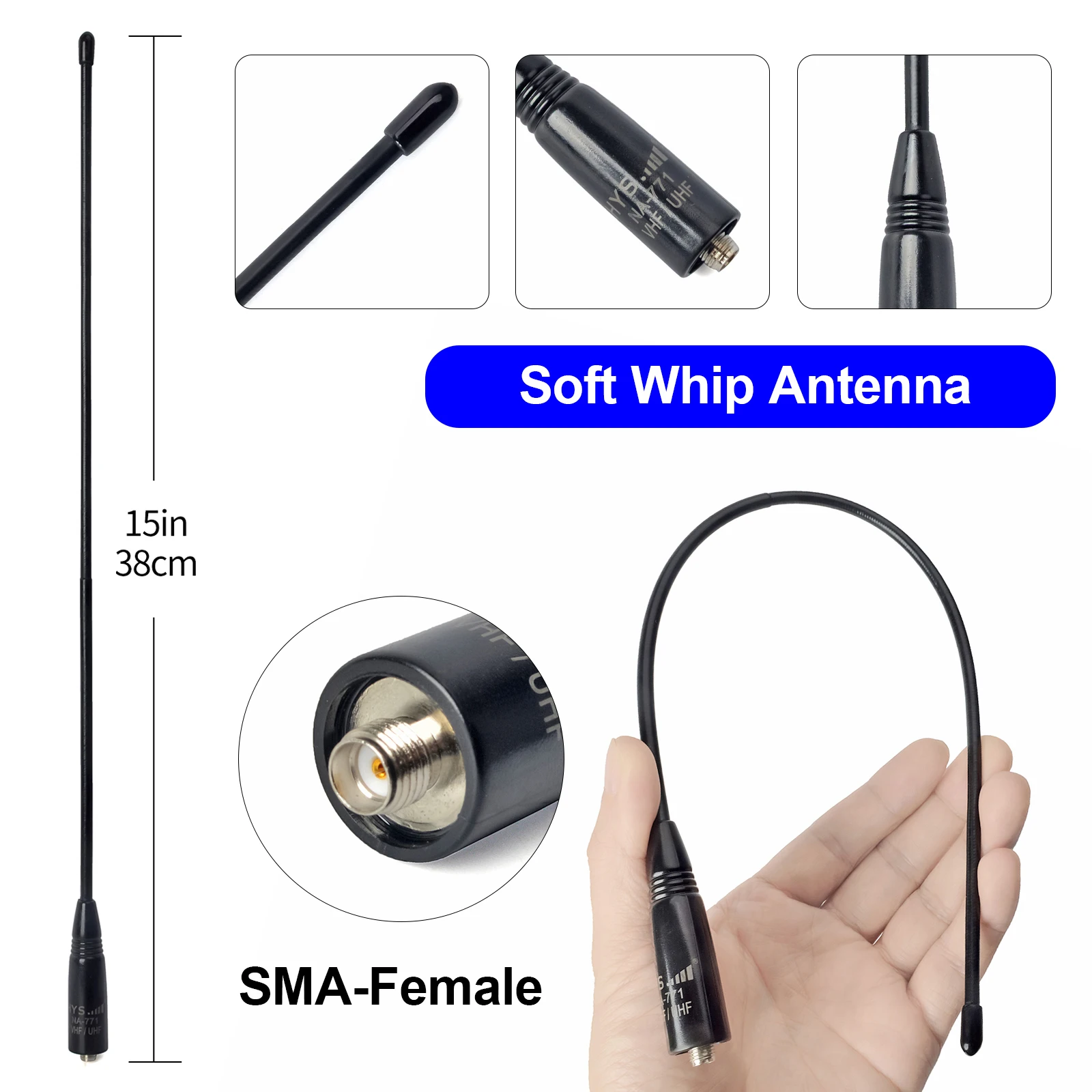 NA-771 Dual-Band 15in VHF/UHF (144/430Mhz) Whip Antenna SMA-Female for BaoFeng UV-5R QuanSheng UV-K5 Kenwood Wouxun Ham Radio