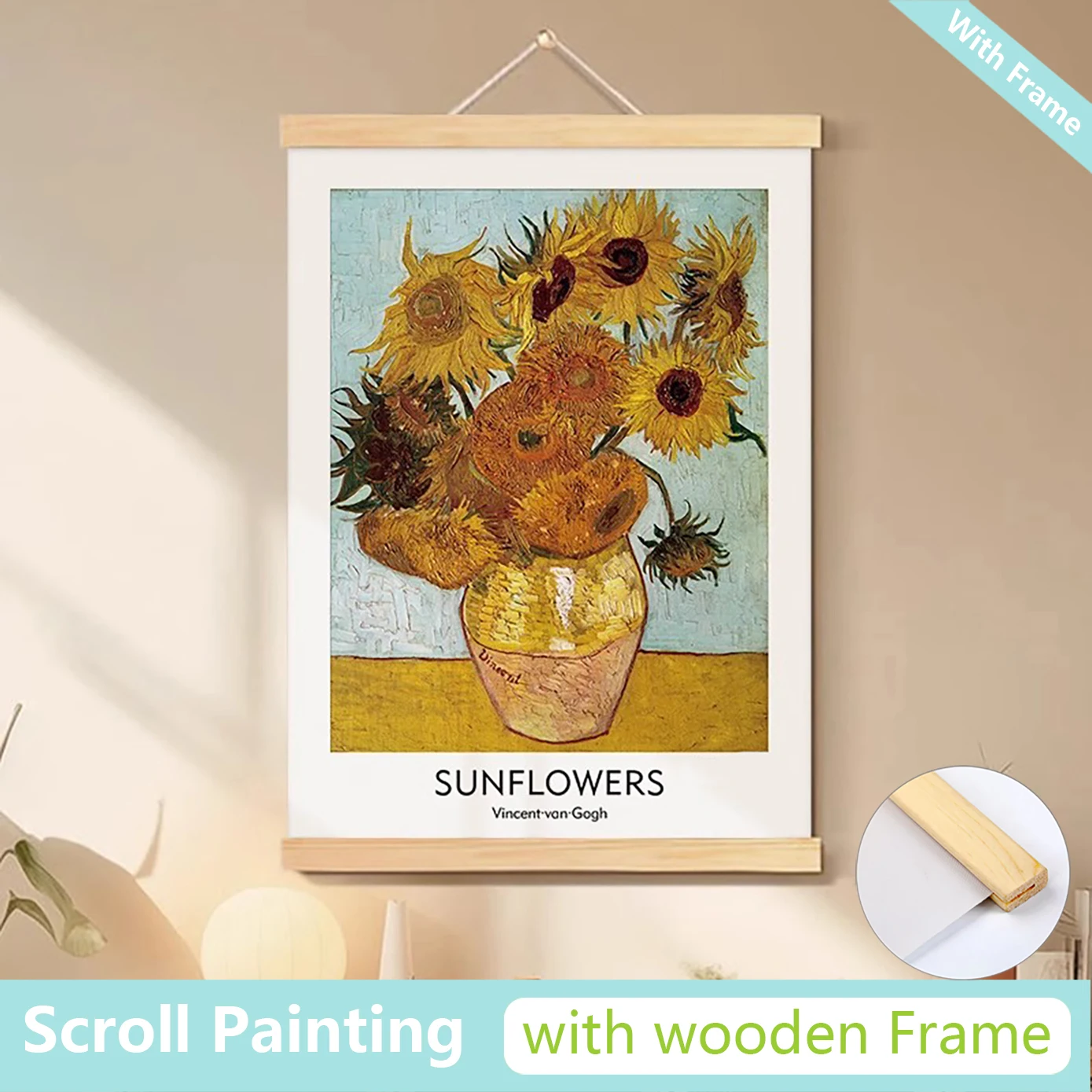 

Van Gogh Sunflower Hanging Painting living room Scroll poster Canvas Poster Wooden Hanger wall art Home Decor Scroll Painting