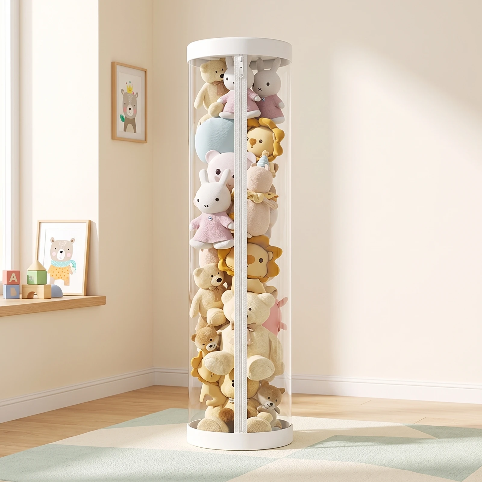 Stuffed Toy Storage Barrel with Zipper Space-Saving Clear Doll Storage Cylinder Stuffed Container Tall Toy Bin Easy Access