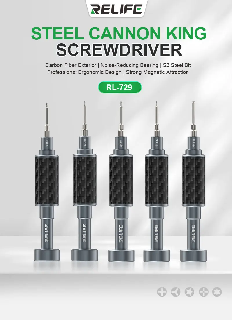 RELIFE RL-729A Steel Cannon King Carbon Fiber Screwdriver Set Carbon Fiber Finish， 3D S2 Special Bits Repair Tools