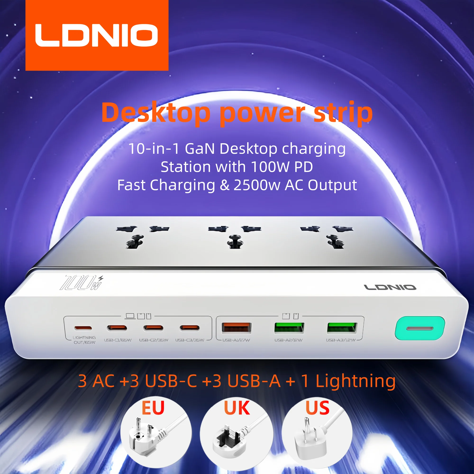 LDNIO 10-in-1 GaN Desktop Charger 100W Fast Charging Power Strip with 3 AC Universal Outlets for Laptop Office 2M EU UK US Plug