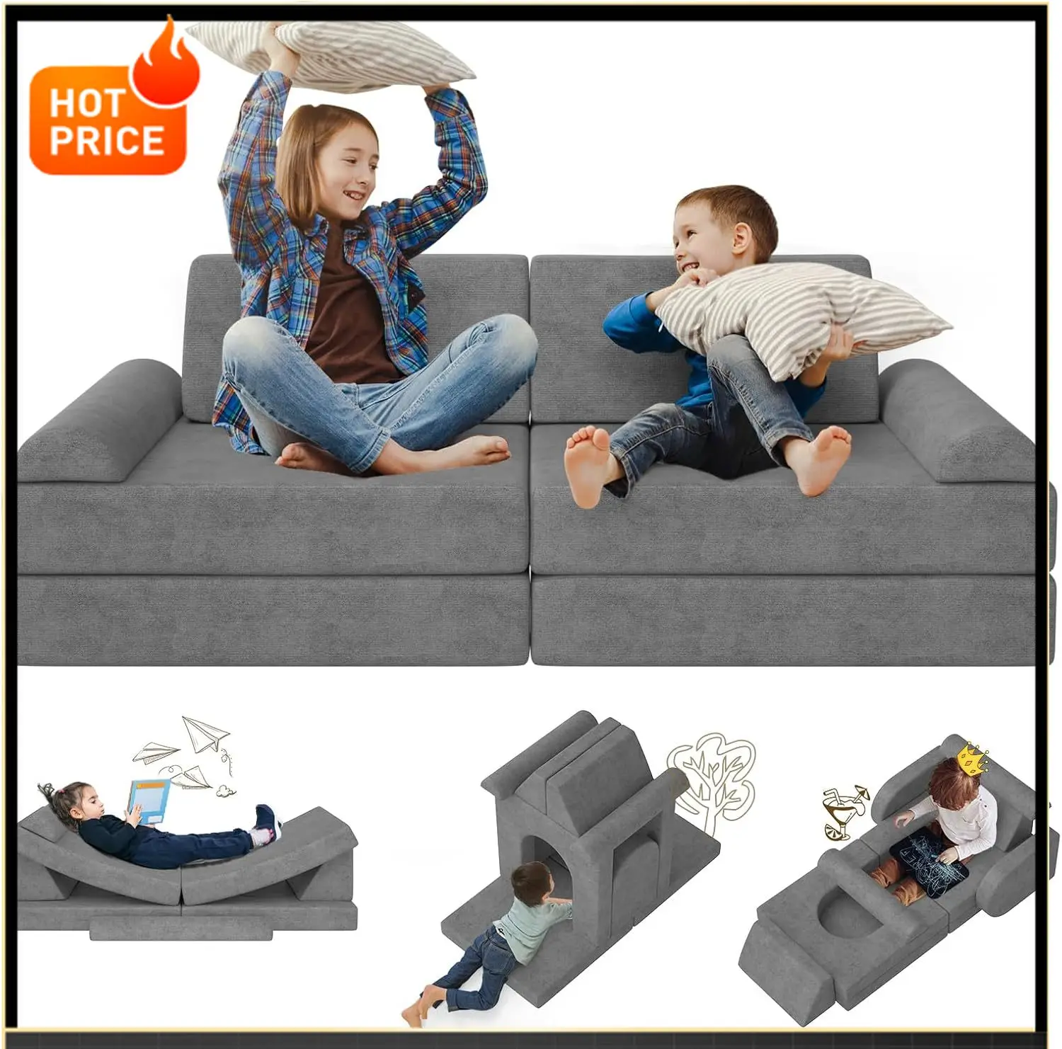 BestsellerModular Kids Play Couch 10PCS – Convertible Kids Sofa & Toddler Play Couch with DIY Foam Pieces for Imaginative Play,