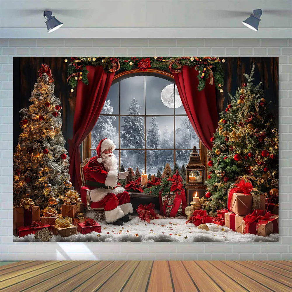 Mocsicka Christmas Photography Backdrop Santa Claus Window Snow Forest Xmas Tree Red Curtain Girl Portrait Photo Backdrops Props