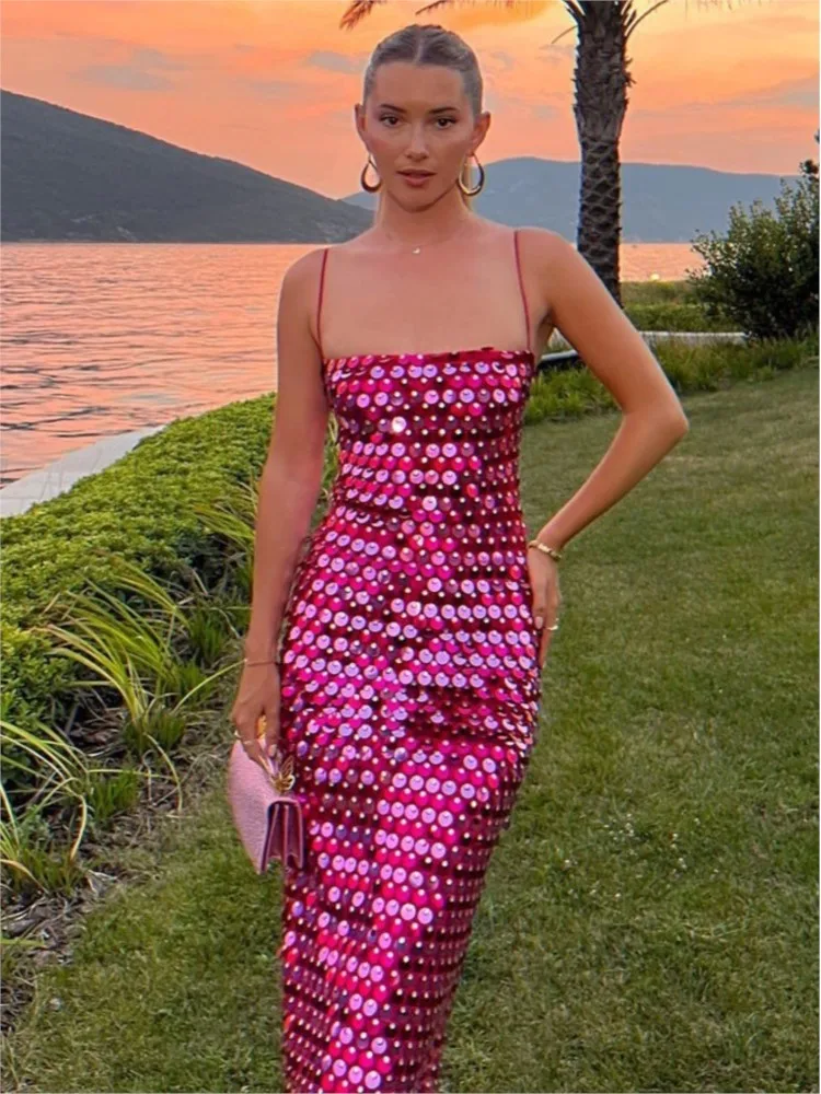 

Bling Bling Sequin Luxury Party Women Dress Sleeveless Slit Tight Long Dress New Summer Slim Fashion Evenning Slip Dress