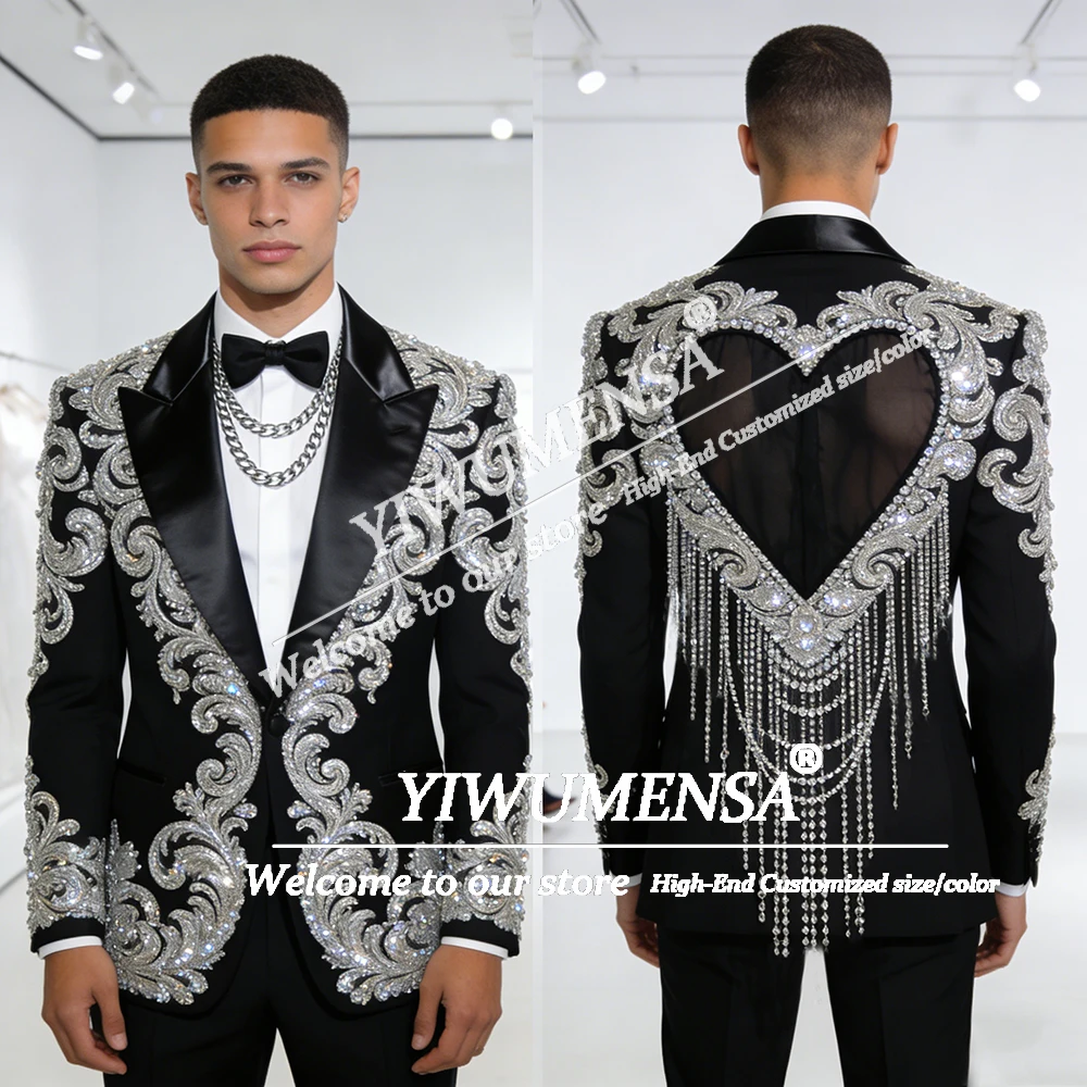 

Rhinestones Beaded Suit Men Italian Design Cut-Out Prom Blazer Customized 2 Piece Set Groom Wedding Tuxedos Luxury Costume Homme