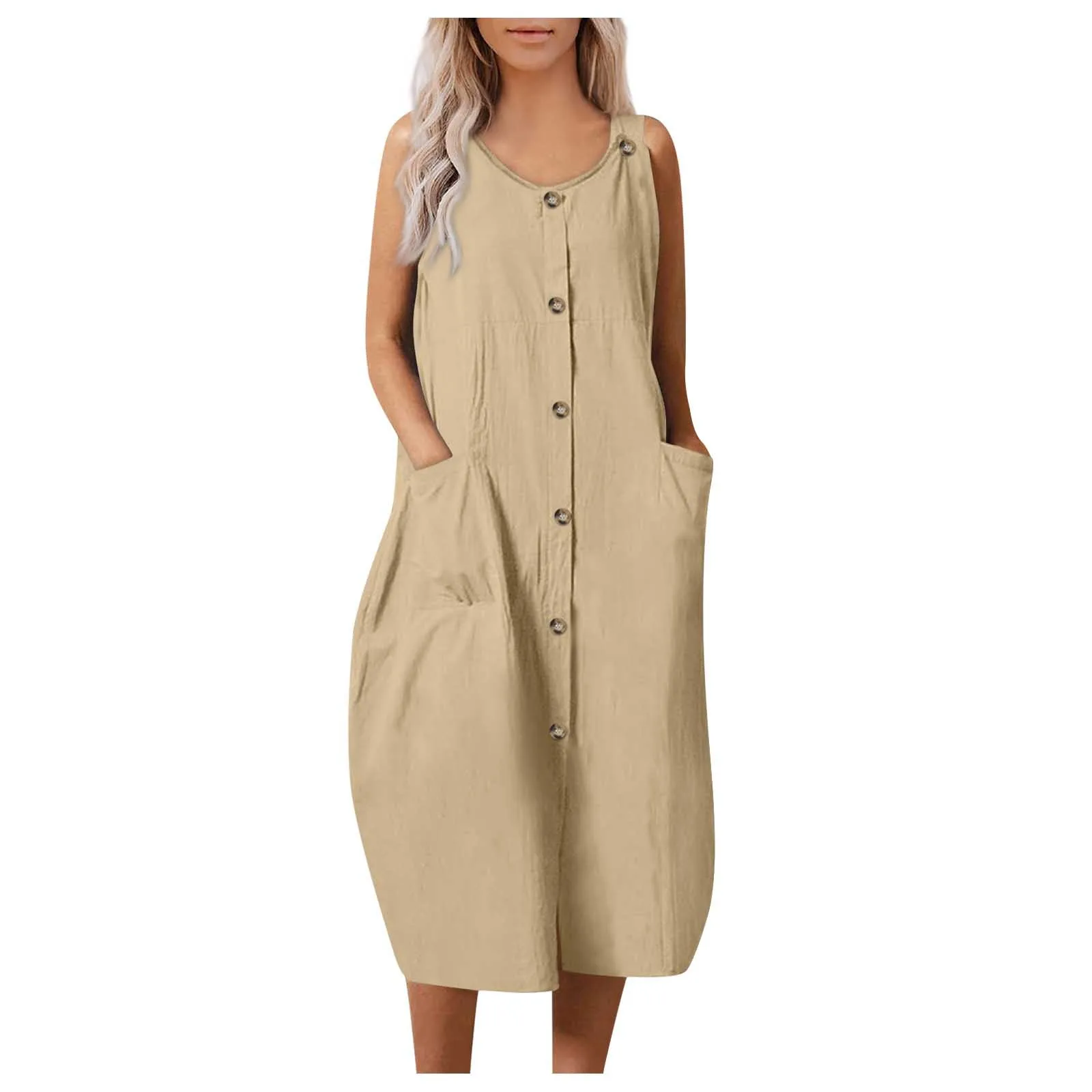 Women's Midi shirt dress Fashion Sleeveless Adjustable Sling Dress with pocket Loose and comfortable dresses vestidos curtos