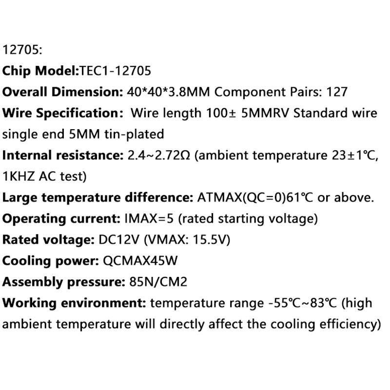 2PCS TEC1-12705 Chip di refrigerazione dispositivo di raffreddamento termoelettrico modulo Chip di refrigerazione a semiconduttore Peltier