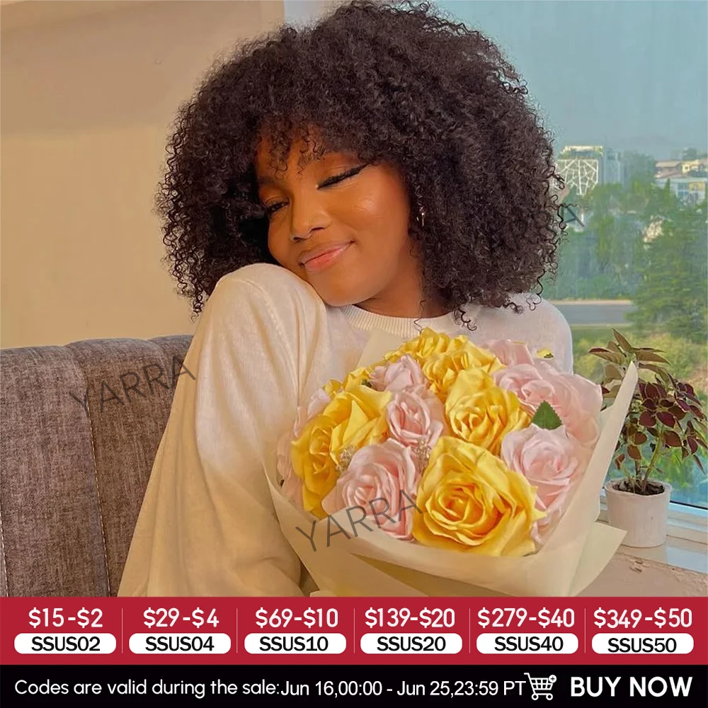 

Парики из афро-кудрявых вьющихся человеческих волос 250 с челкой для чернокожих женщин, бразильские 100% человеческие волосы Remy, волосы машинного производства 180