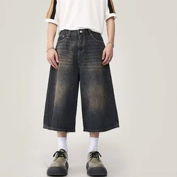 Men Women Y2k Style Baggy Denim Shorts Wide Leg Short Pants Fashion High Waisted Dark Wash Knee Length Loose Unisex Jeans Casual