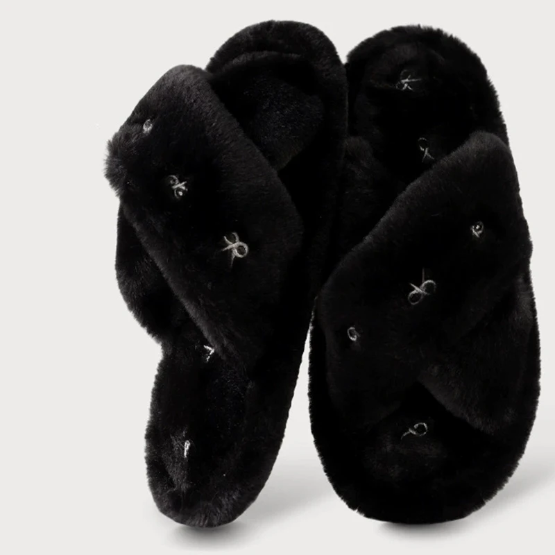 Bowknot التطريز نعال قماش النساء موضة عبر حزام داخلي القطن الشرائح امرأة كعب مسطح المنزل فروي النعال Mujer #5