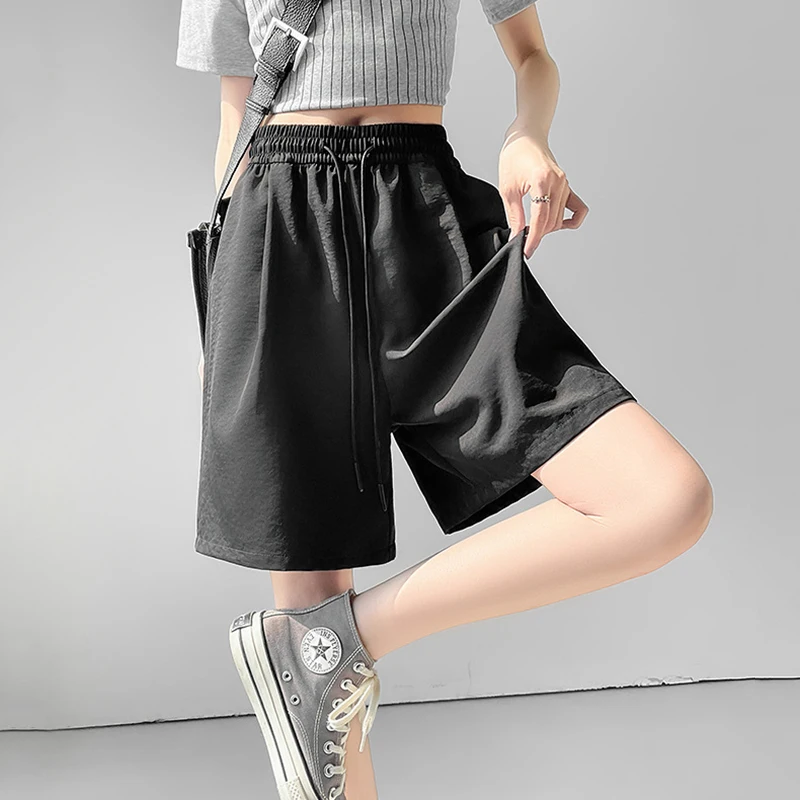 

Summer Ice Silk Quick-Drying Shorts Women Elastic Waist Wide Leg Casual Short Pants Woman Solid Color Drawstring Lace Up Shorts