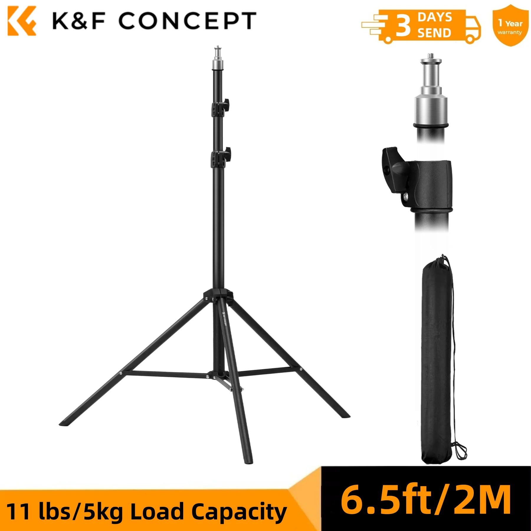 K&F Concept 78.8in/2m Extendable Light Stand Photography Photo Video Tripod Stand for Camera Softbox with 1/4