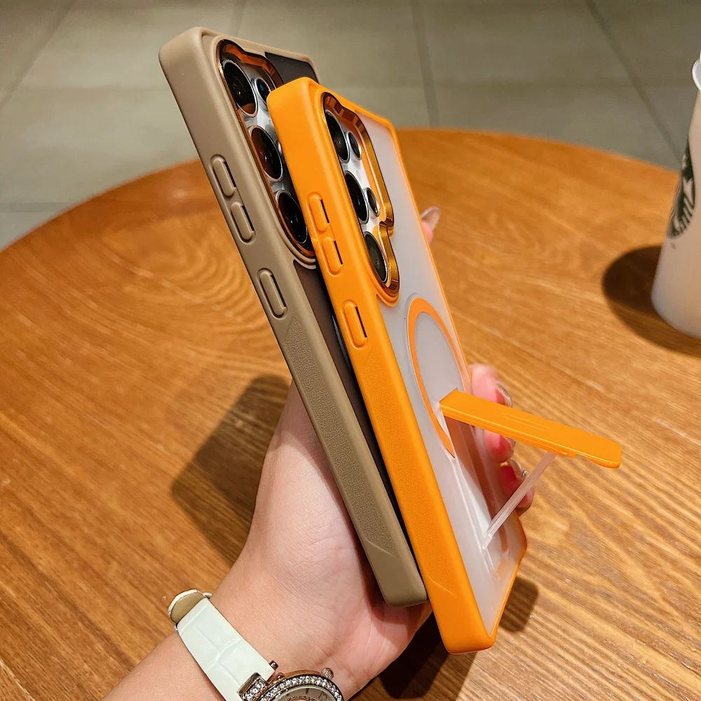 マグセーフ対応 折りたたみ式スタンド付き マグネット式スマホケース Samsung S25 Edge S24 S23 Ultra Plus FE用 マット半透明バックカバー 高級