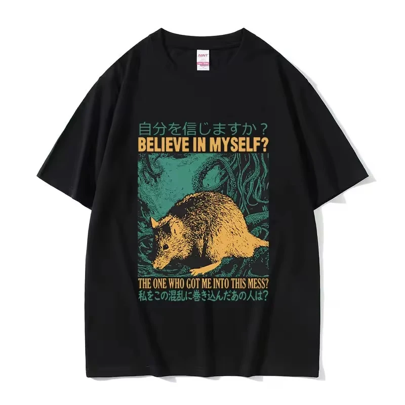 

Believe in Myself Funny Graphic T Shirt Retro Japanese Rat Print Short Sleeve T-shirt Women Fashion Oversized Cotton Tshirts