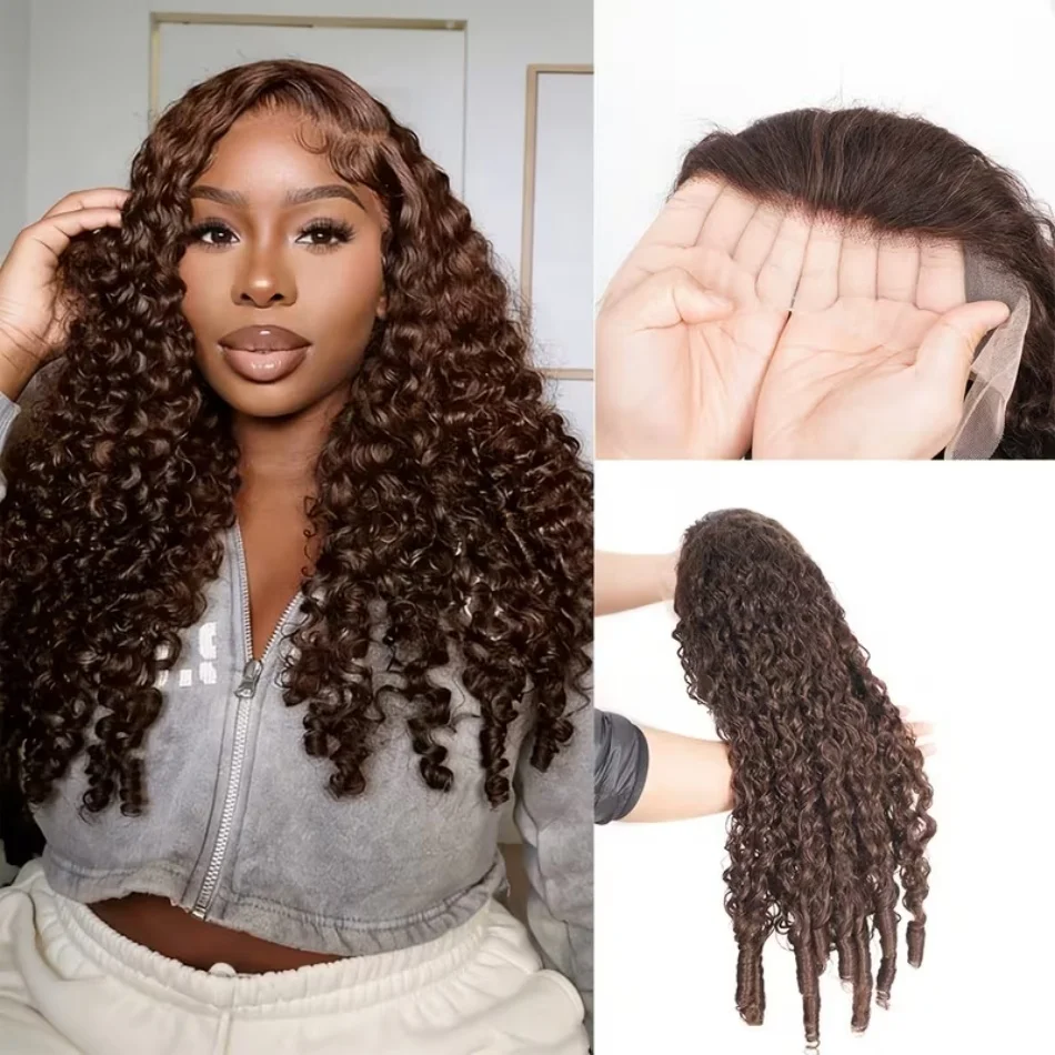 

Chocolate Brown Burmese Curly Human Hair Wigs 13x4 13x6 Water Wave Transparent Lace Frontal Wigs Pre Plucked Human Hair