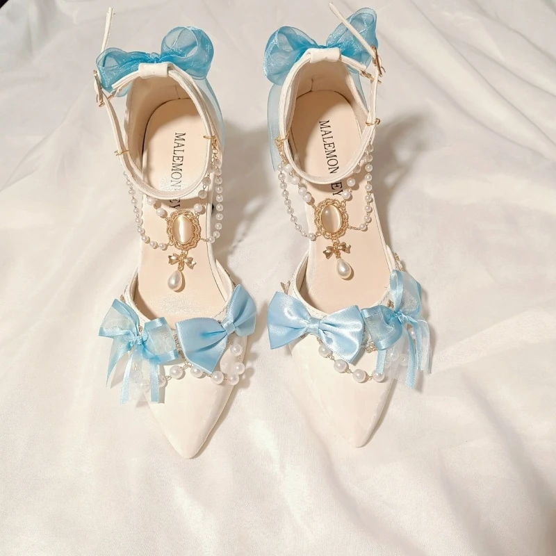 Original Lolita Handmade Lolita High Heels Shoes Women Elegant Pearl Necklace Pointed Tip Pumps Birthday Party Mary Jane Shoes