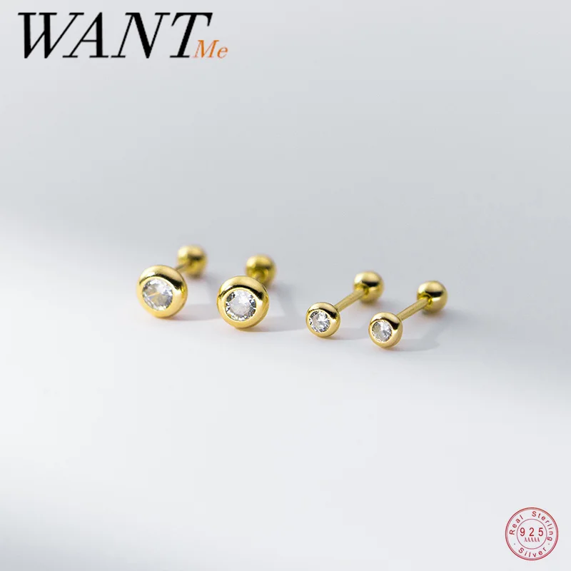 

WANTME 925 Sterling Silver Simple Round Luxury Zircon Screw Beads Small Stud Earrings for Women Fashion Piercing Jewelry Gift