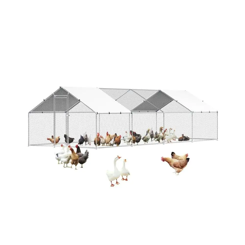 

Metal Chicken Coop 9.8ft x 26.2ft x 6.5ft Walk-in with Covered Spire Roof Outdoor Poultry Housing
