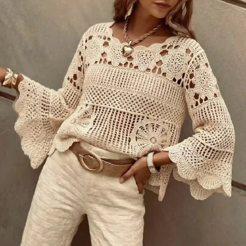 Elegant Lady Long Sleeve Loose Mesh Shirts French Style Hollow Out Knitted Pullovers Autumn New Solid Color Casual Crochet Tops