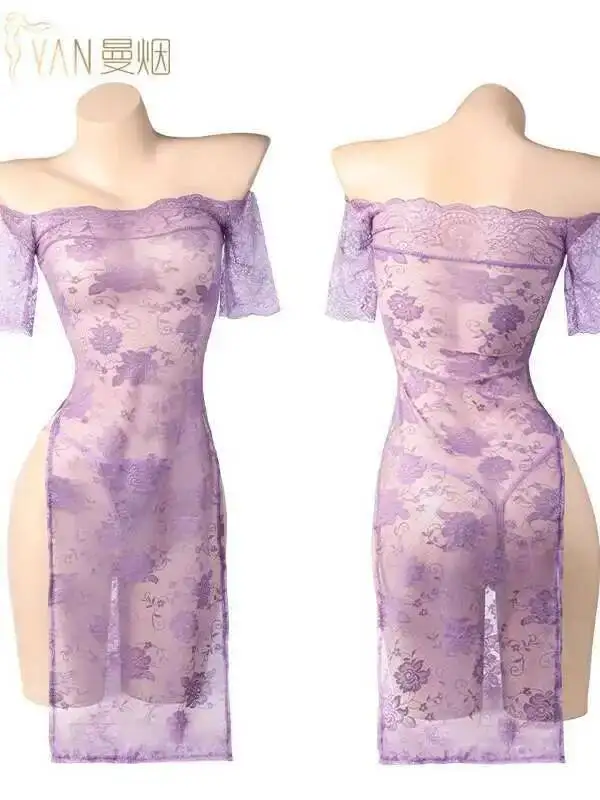 Sexy Weibliche Sexy Eine Schulter Hohe Taille Gedruckt Spitze Langes Kleid Mesh Spitze Sheer Lila Cheongsam Uniform Kleid Elegante 6MOB