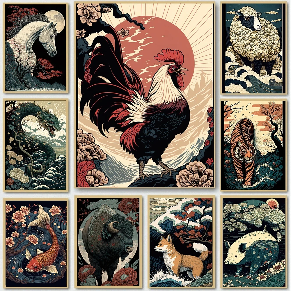 Vintage Ukiyo E Japan China Zodiac Animals Dragon Tiger Rooster Bull Rat Poster Canvas Painting Wall Pictures Home Room Decor