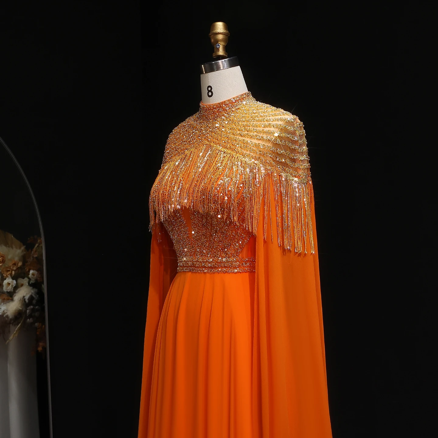 شارون سعيد دبي فساتين سهرة برتقالية فاخرة بأكمام كيب طويلة للنساء لحفلات الزفاف فساتين حفلات عربية SF339 مخصصة