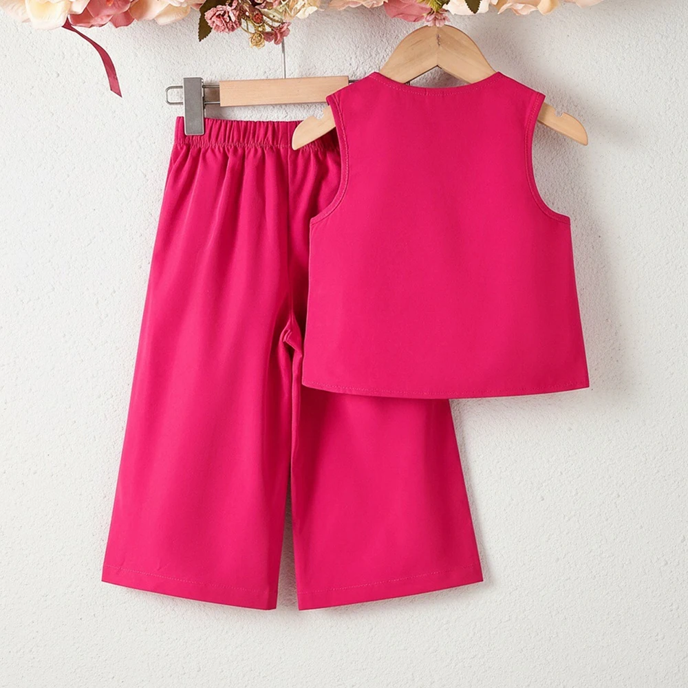 Girls' summer pure-color single-breasted slant placket sleeveless vest top + pants two-piece casual set
