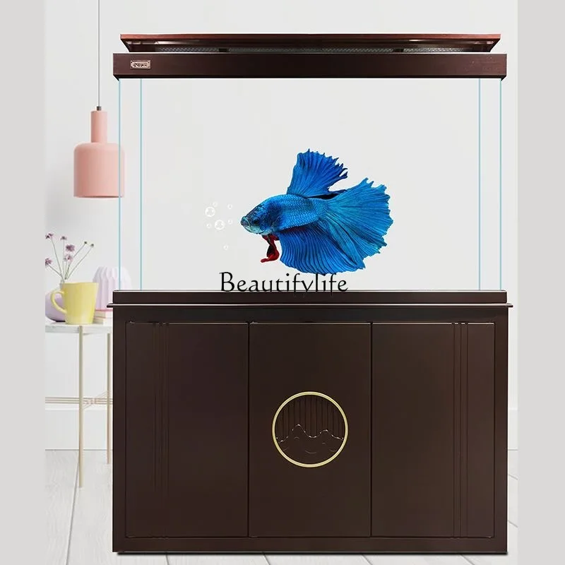 Living Room Home Aquarium Floor Lazy Change Water Ecological Glass Small Fish Globe with Cabinet