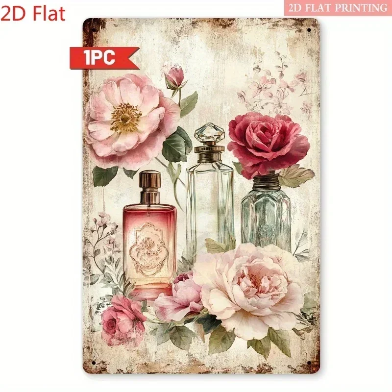 2D Flat Vintage Floral & Elegant Perfume Bottle Metal Wall Art | 7.87x11.81 inch Iron Decor with Pink Roses