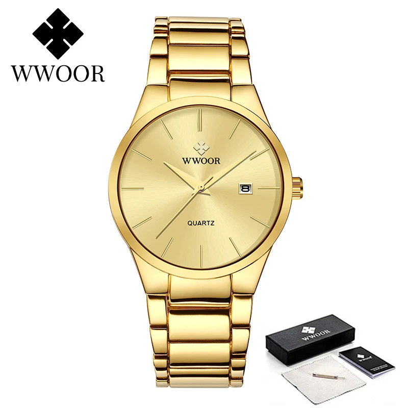 WWOOR Luxury Men Gold Watch Top Brand Fashion Minimalist Quartz Stainless Steel Waterproof Date Wristwatch Relogio Masculino