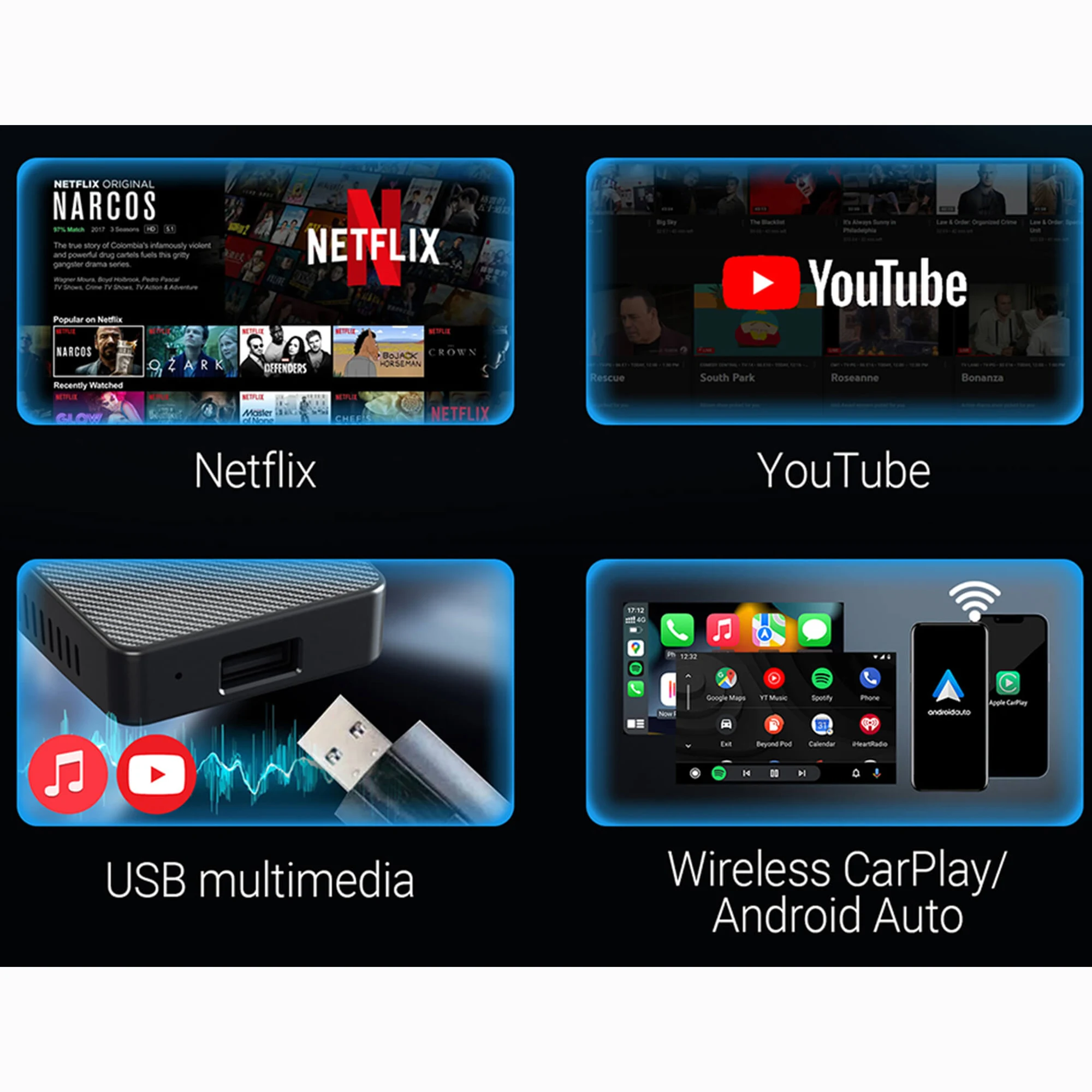 Reproductor de vídeo inalámbrico CarPlay, adaptador automático Android para Youtube, Netflix, reproducción de vídeo, accesorios para coche, caja