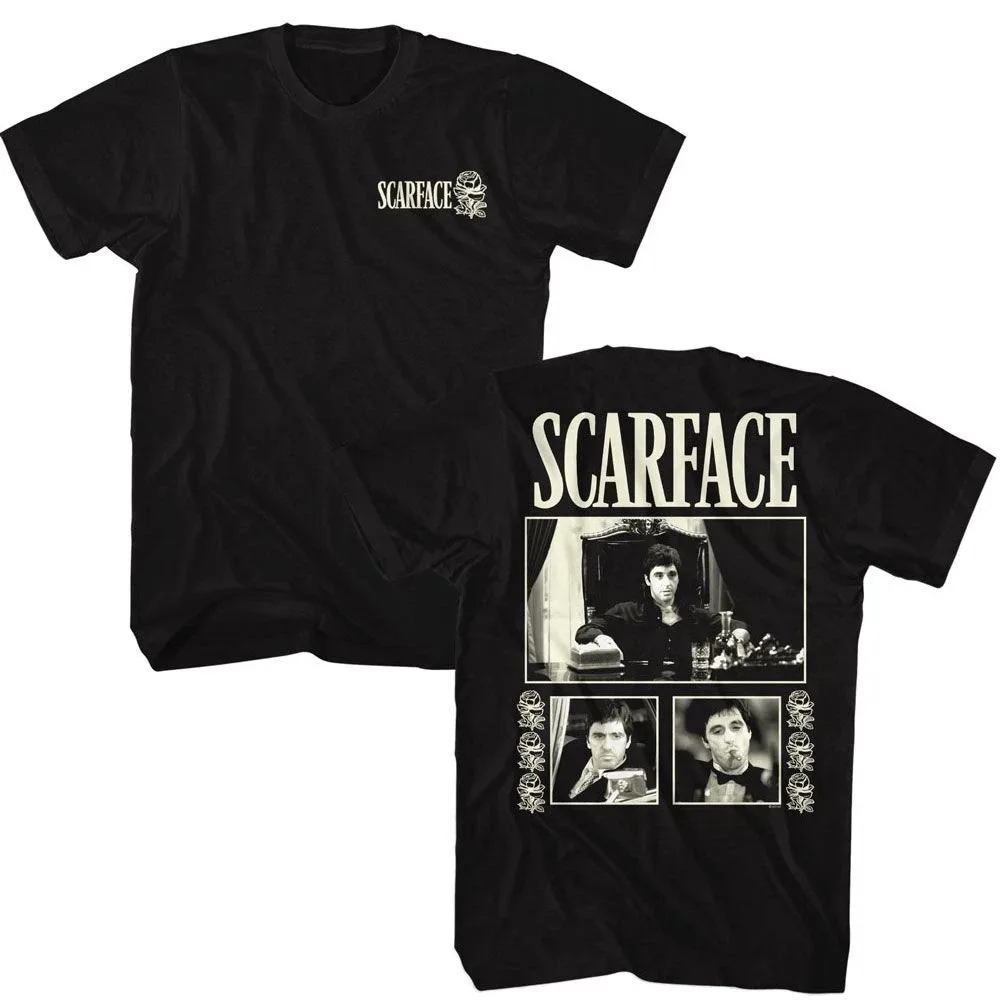 

Scarface Three Photos W Roses Black Adult T-Shirt American Oversized Short-sleeved Men's Women's Fashion Street Hip-hop Rock Top