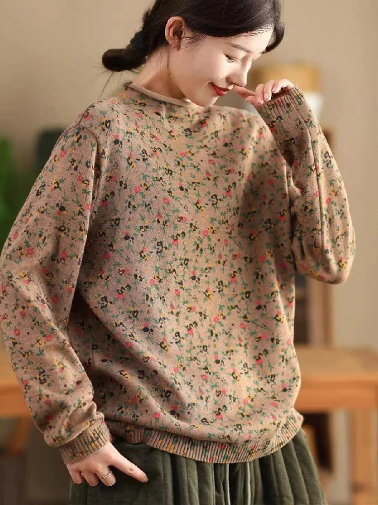 Amax luluE Turtleneck Winter Ladies Printed Casual Pullover Classic Cotton Sweaters Vintage Loose Elegant Floral Knitted Clothes