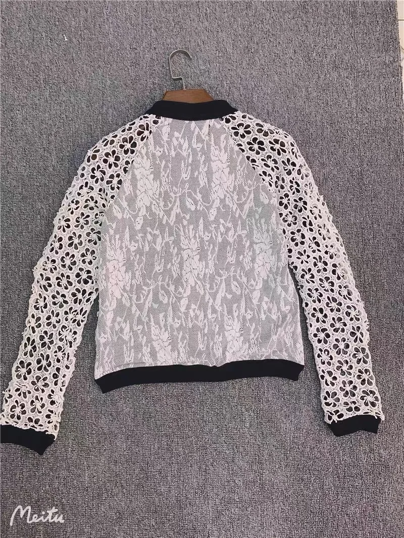 Foreign Trade Original Order Spain New Women's Short Jacket Zipper Embroidery Printing Hollow out Thin Fashion Coat