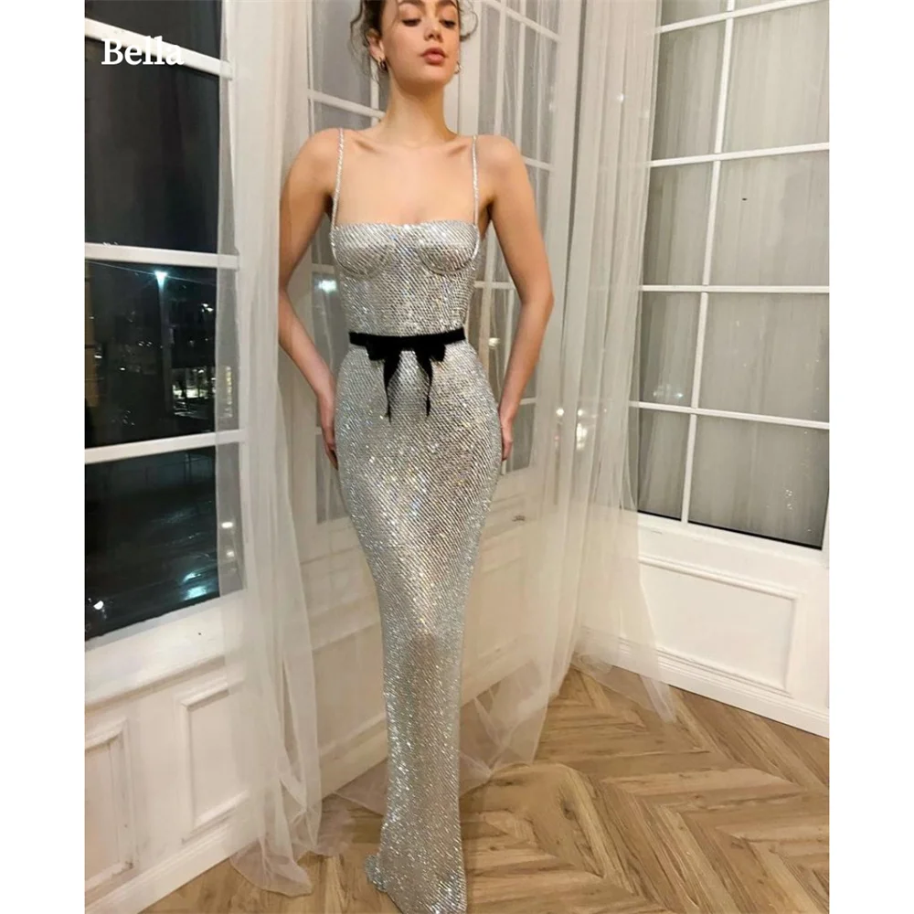 

Bella Spaghetti Strap Glitter Prom Dresses Mermaid فساتين سهرة Sweetheart Sleeveless Bow Waist Floor-length Vestidos De Fiesta