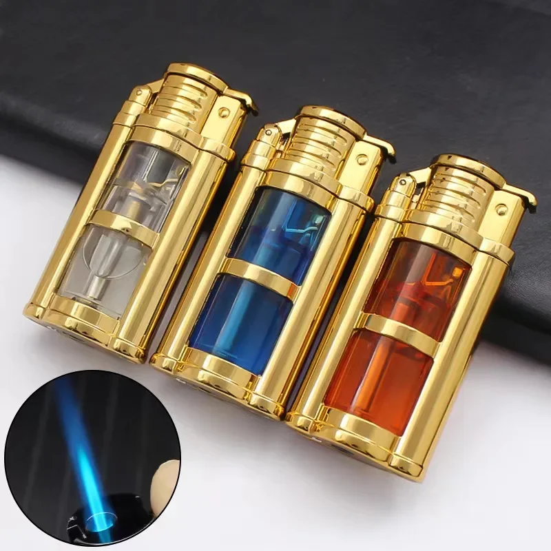 2023 New Transparent Visible Fuel Bin Torch Windproof Butane Lighter Men\'s Gift Cigarette Accessories Cigar Igniter