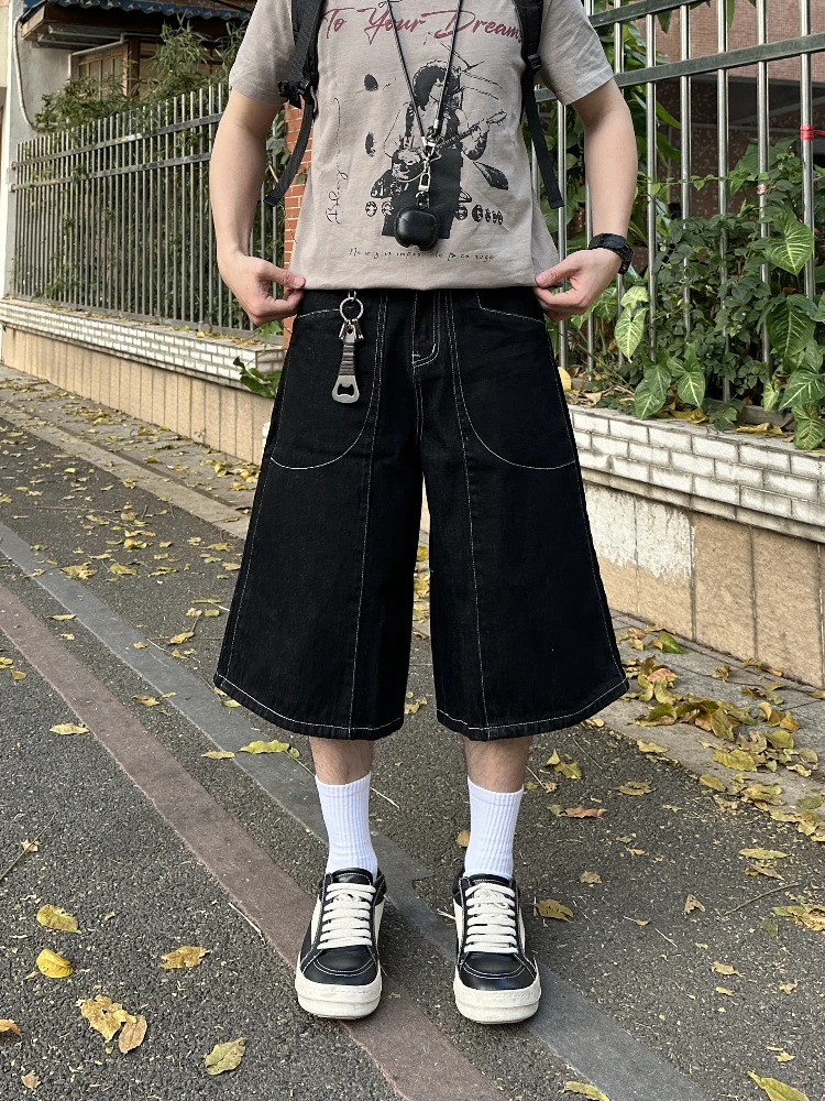 

American Style Streetwear Loose Casual Seven-Foot Jeans Men Women Wide Leg Shorts Trendy CleanFit Stitch Design Jeans